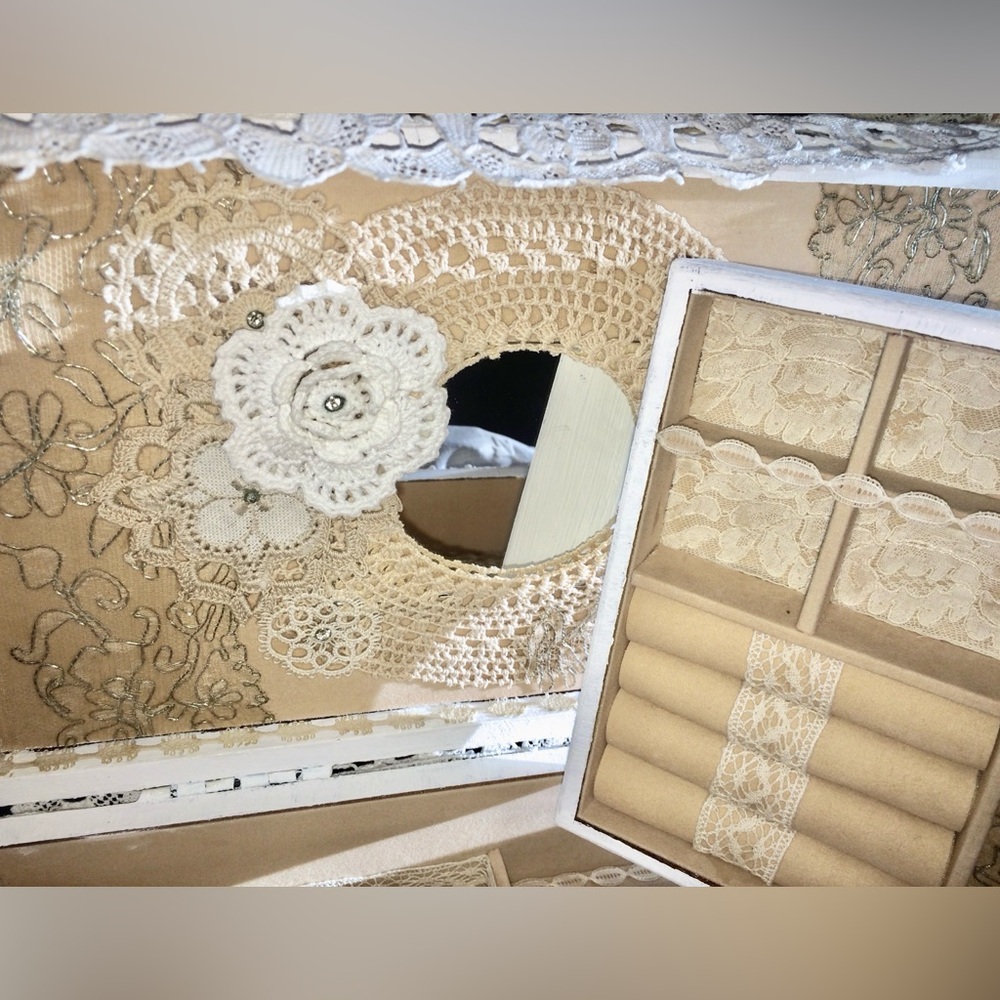 Handmade Large Jewelry Box Vintage Lace & Jewelry FLOWER BOUQUET Single Tray NWT